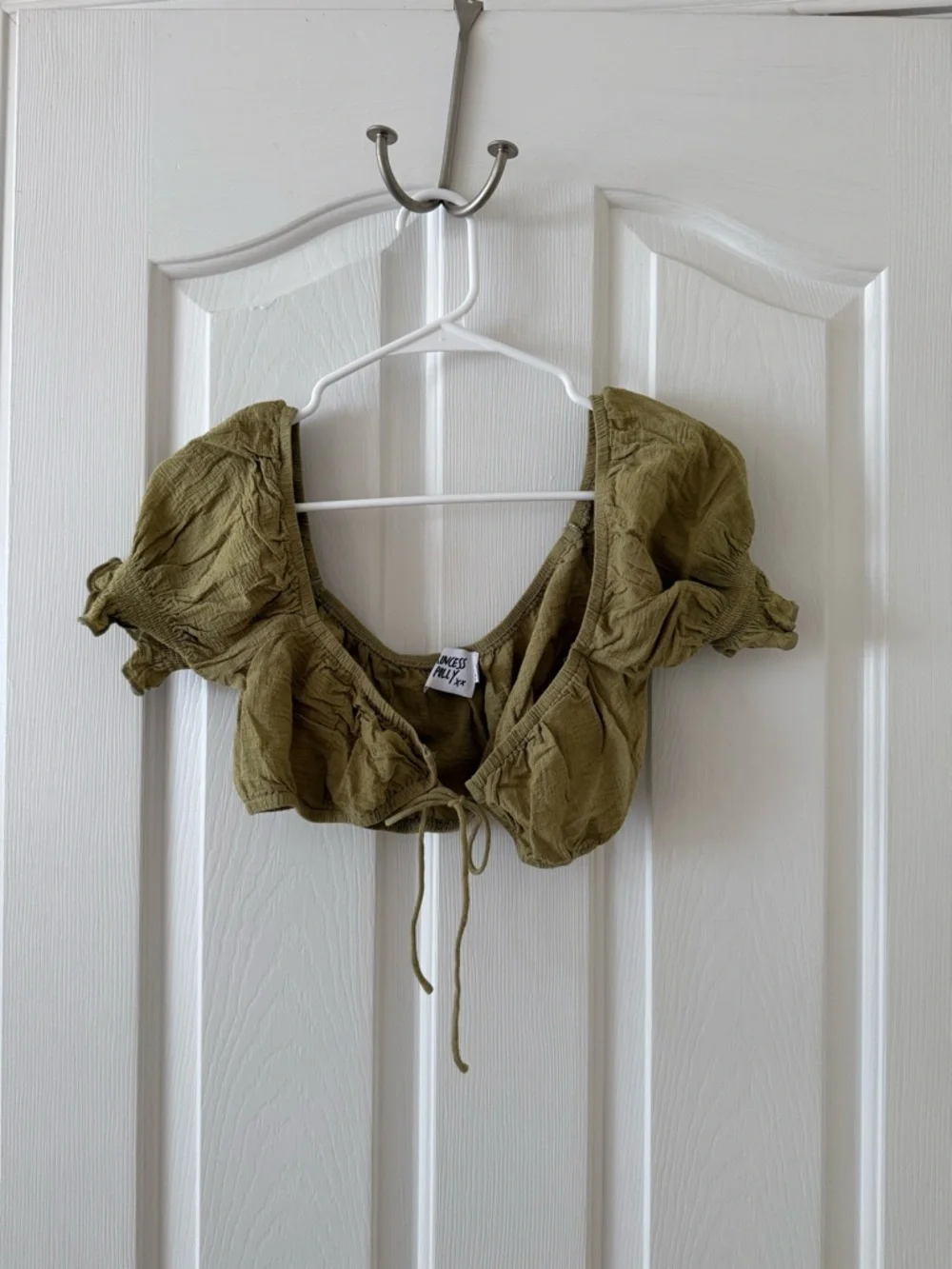 Princess Polly Olive Tie-Front Puff Sleeve Crop Top